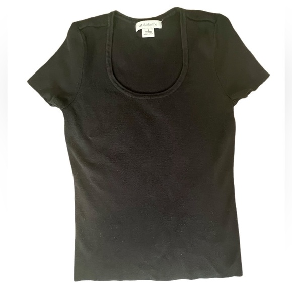 Liz Claiborne Scoopneck Ribbed Shirt, Black, Size Small - Picture 3 of 5